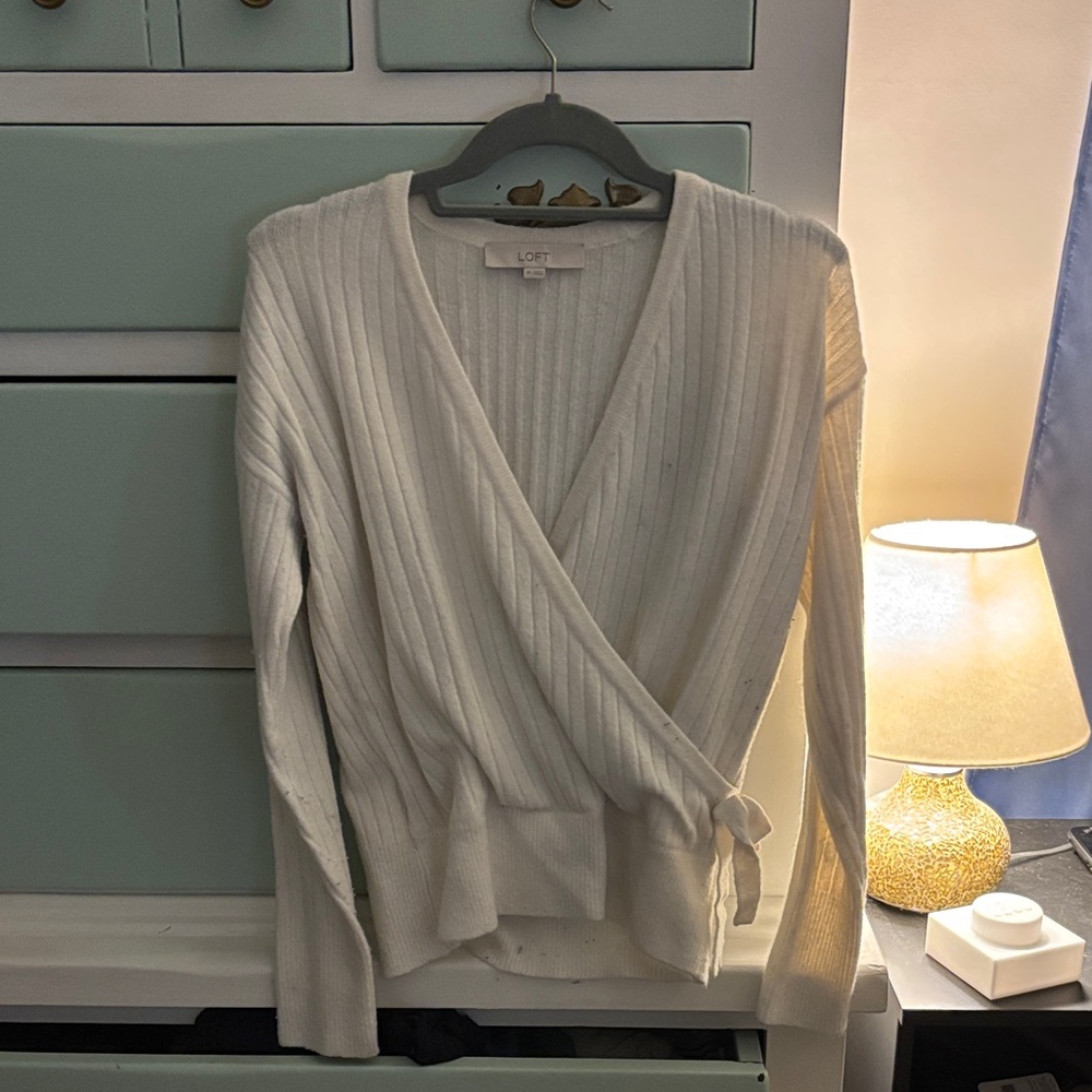 LOFT Women's Cream V-Neck Wrap Sweater